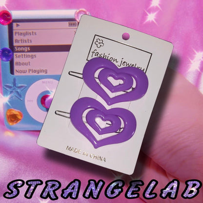 StrangeLab Decora Hair Clips | Retro Candy Color Heart Clips | Cool Girl Party Bang Clips hair clip strangelab Purple - 2pcs