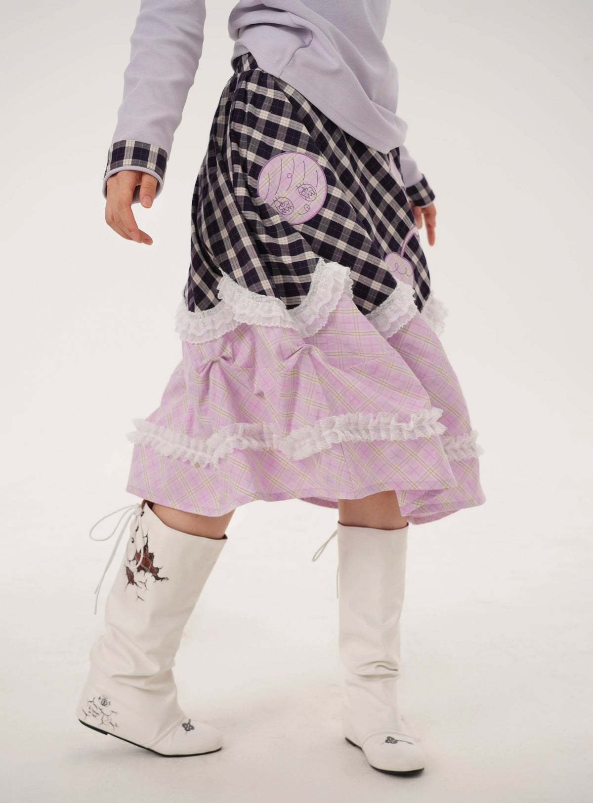 RabbitRain - Purple Plaid Pudding Cake Embroidered Skirt skirt RabbitRain