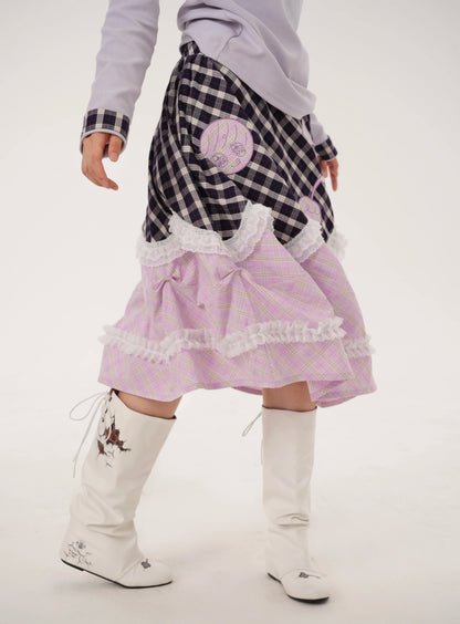 RabbitRain - Purple Plaid Pudding Cake Embroidered Skirt skirt RabbitRain
