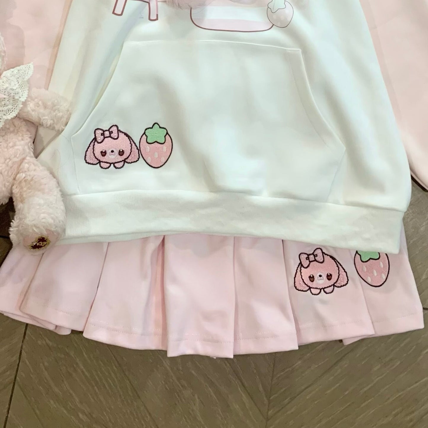 Blurred Bear - Kawaii Colorblock Fleece Hoodie Skirt Set set Blurred Bear Pink Skirt S