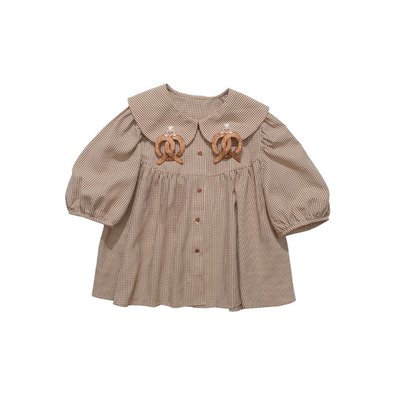 Meugler Two-Tone Mole Alkali Water Knot Embroidery Checkered Doll Collar Long Sleeve/Short Sleeve Shirt shirt Meugler