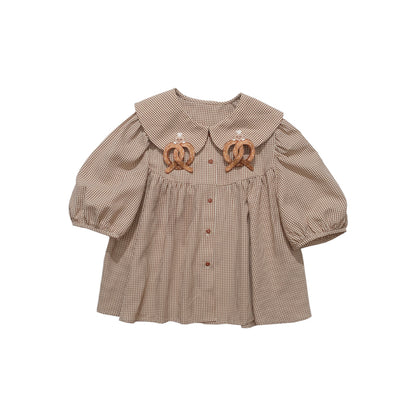 Meugler Two-Tone Mole Alkali Water Knot Embroidery Checkered Doll Collar Long Sleeve/Short Sleeve Shirt shirt Meugler