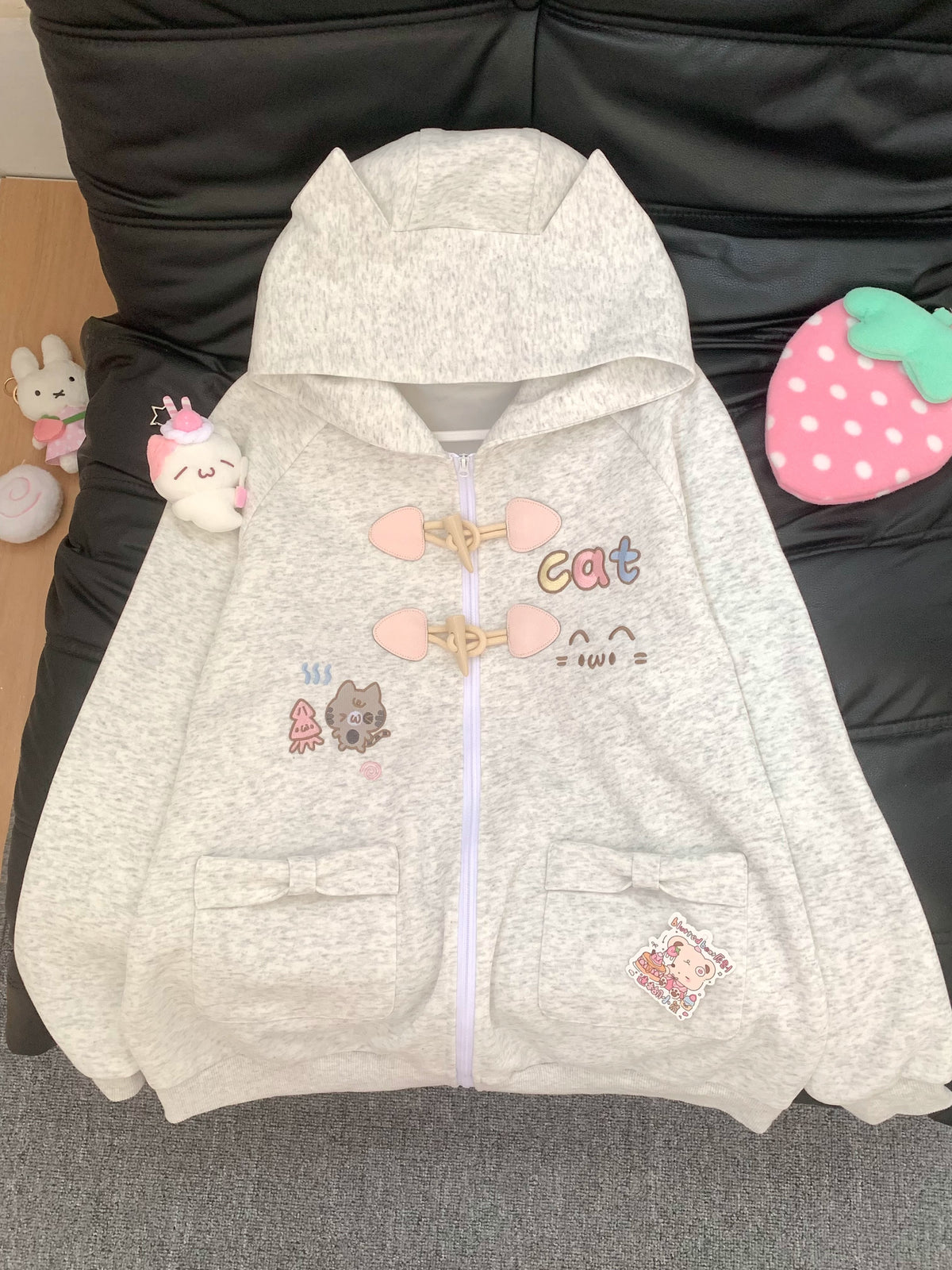 Blurred Bear - Cat Embroidered Hoodie & Mini Skirt Set hoodie Blurred Bear Grey Hoodie Only S