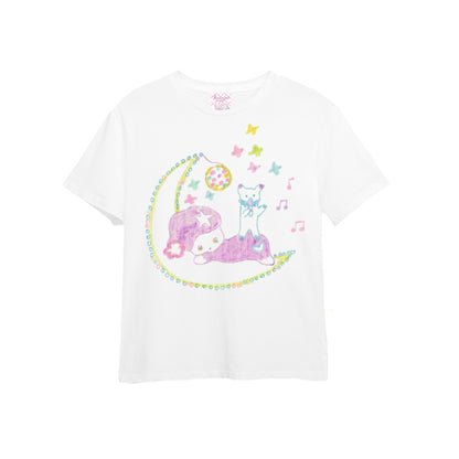 Meugler Animal Paradise Dolphin Moon Cartoon Hand-Drawn Print White T-Shirt (Couples Tee)