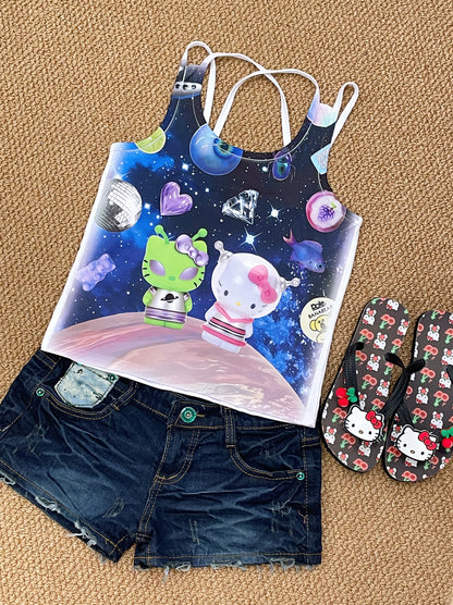 Princess Kitty - Decora Kei Summer Girl Print Tank Top camisole princess kitty Alien Kitty S