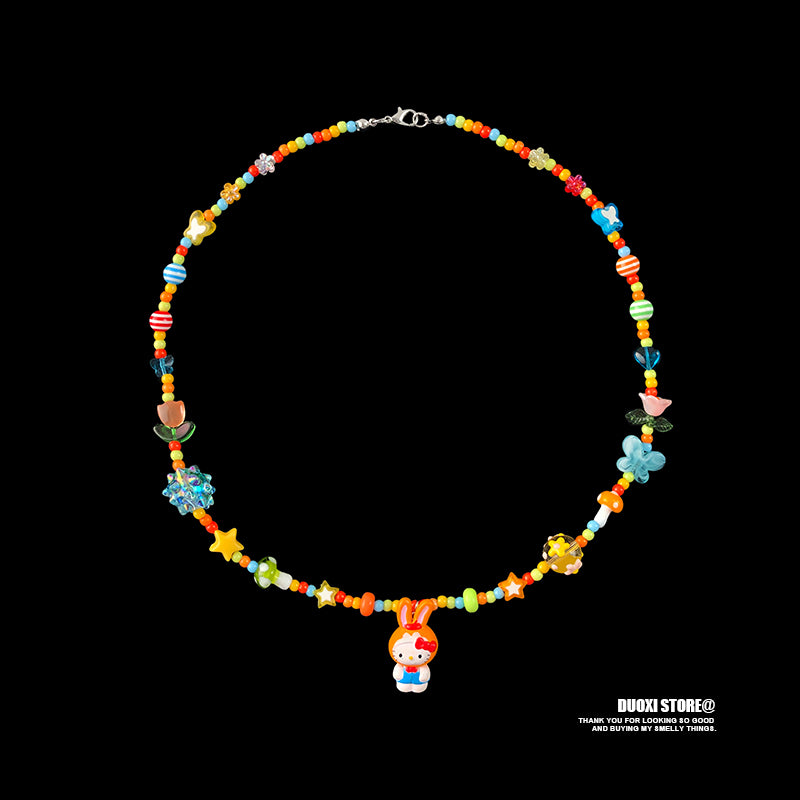 DuoXi - Decora Kei Beaded Kitty Bunny Cartoon Necklace Colorful Cute necklace DuoXi Orange Bunny Kitty Necklace