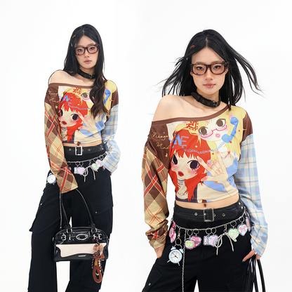 NeogoMade Twin Stars Crop Top | Harajuku Kawaii Off-Shoulder Plaid T-shirt tshirt NeogoMade