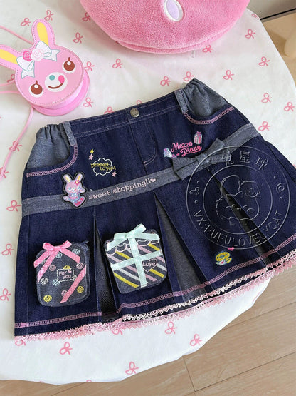 Bunny Planet - Gift Box Embroidered Denim Mini Skirt skirt bunnyplanet Navy S
