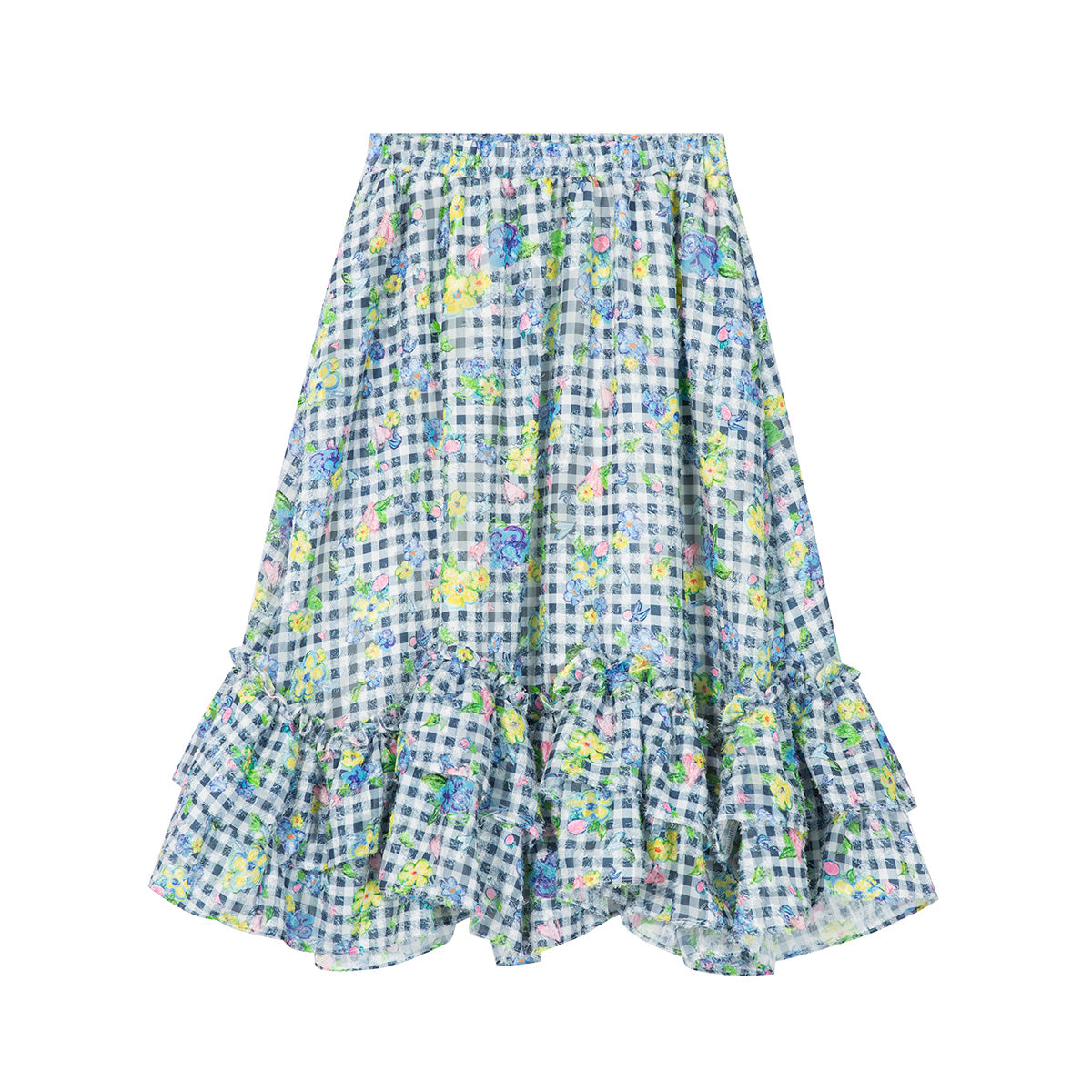 tntntutu Blue & White Plaid Floral Shirt and Mermaid Hem Skirt Set set tntntutu Skirt S