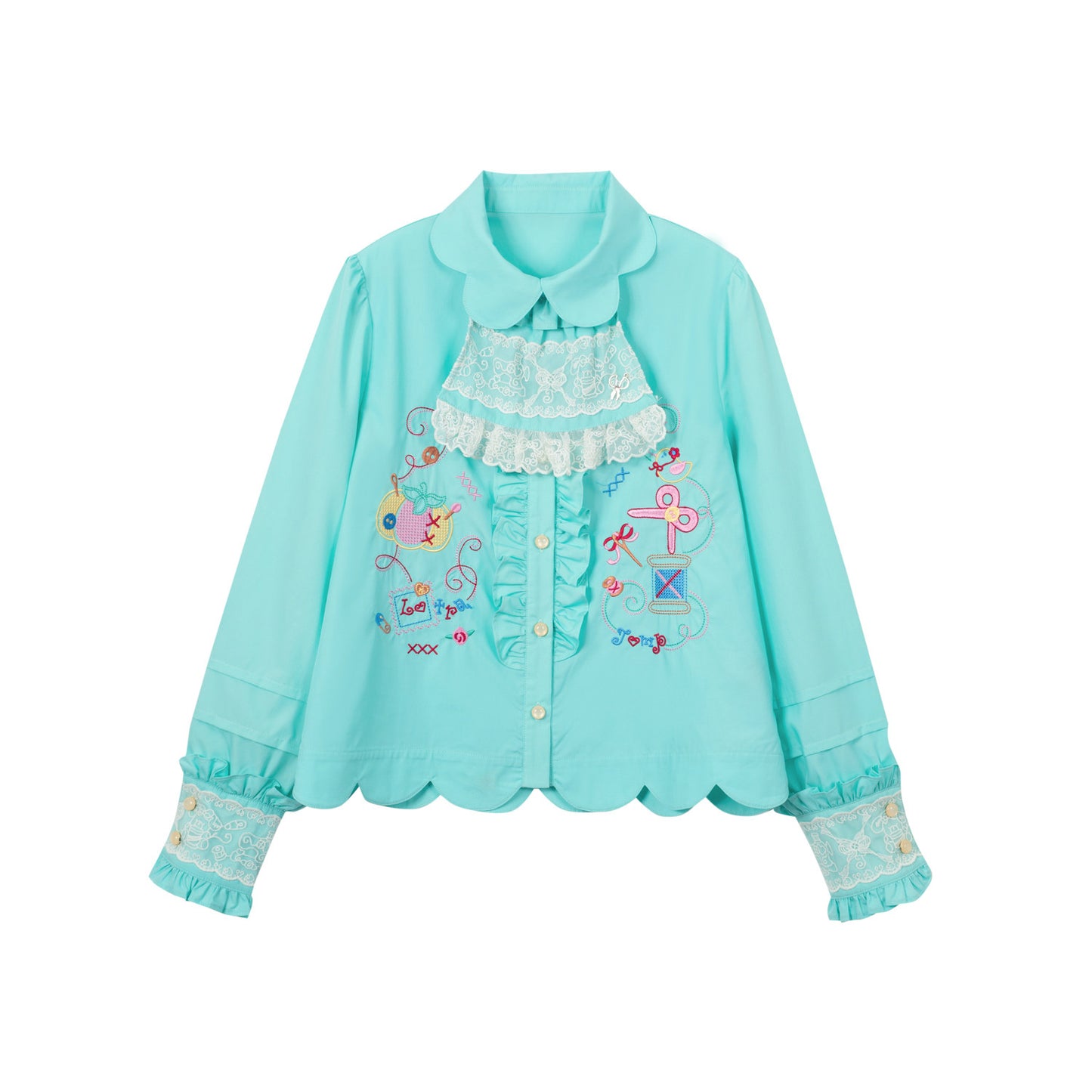 Lutra Jump - Decora Petal Collar Embroidered Blouse blouse Lutra Jump Blue Green S