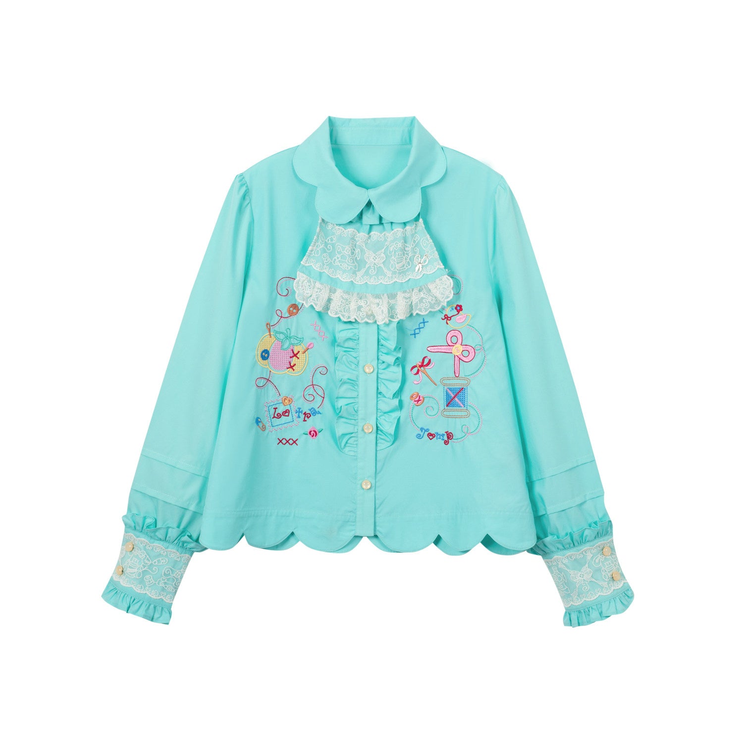 Lutra Jump - Decora Petal Collar Embroidered Blouse blouse Lutra Jump Blue Green S