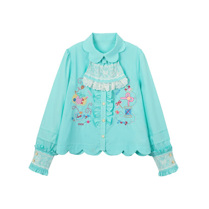 Lutra Jump - Decora Petal Collar Embroidered Blouse blouse Lutra Jump Blue Green S