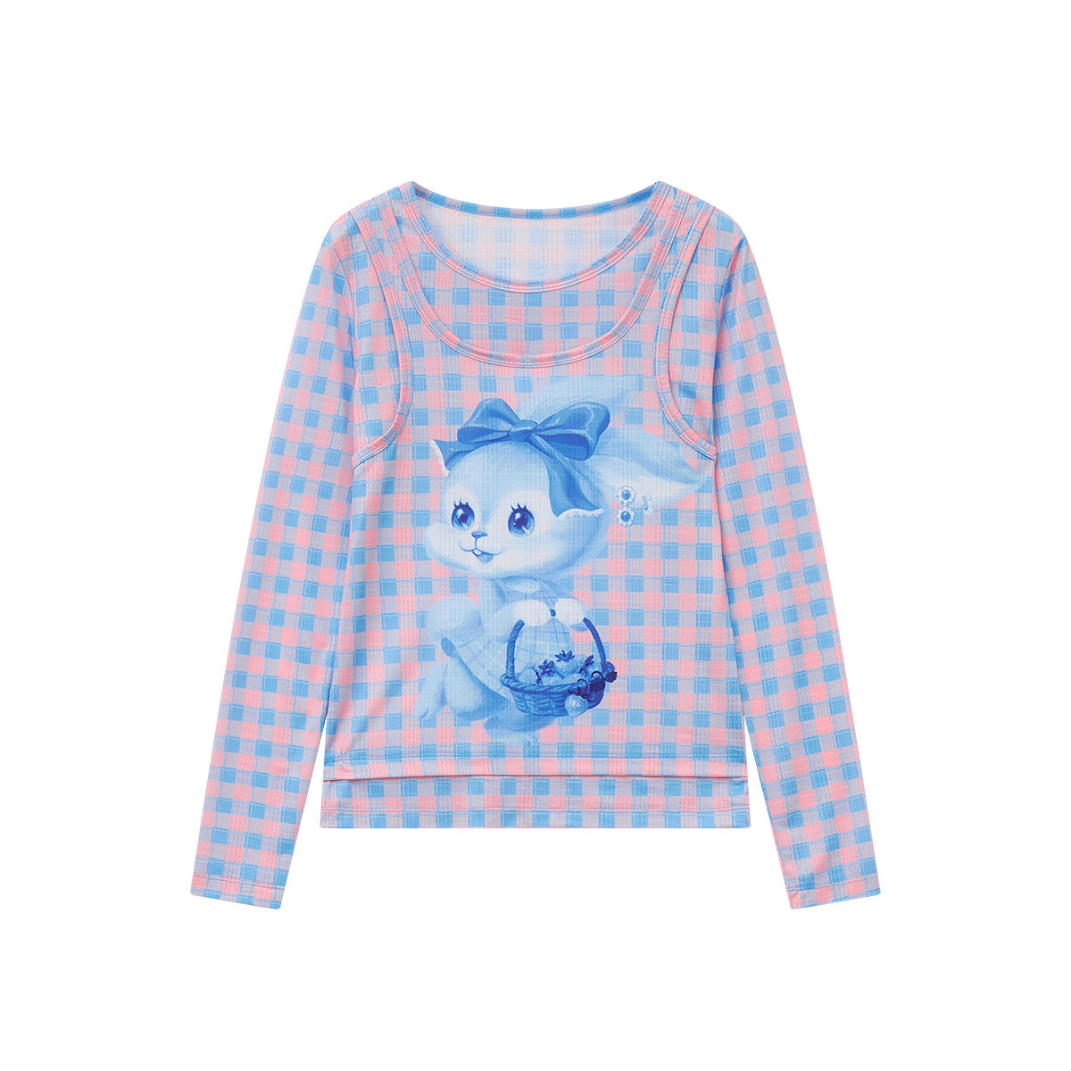 tntntutu - Bunny & Floral Plaid Slim Fit Layered Top shirt tntntutu Blue S