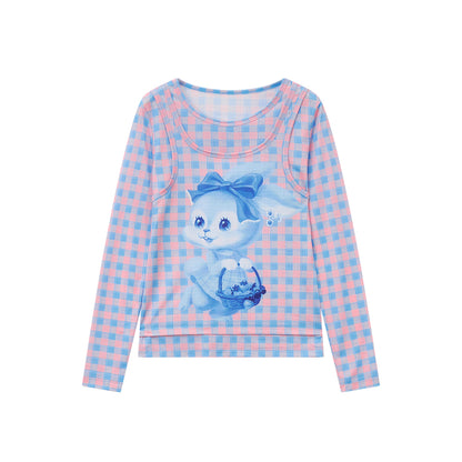 tntntutu - Bunny & Floral Plaid Slim Fit Layered Top shirt tntntutu Blue S