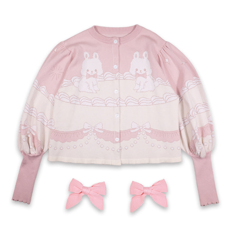 Meugler Bunny Cream Cake Lolita Sweet Bow Short Knitted Cardigan with Leg-of-Mutton Sleeves