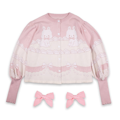 Meugler Bunny Cream Cake Lolita Sweet Bow Short Knitted Cardigan with Leg-of-Mutton Sleeves