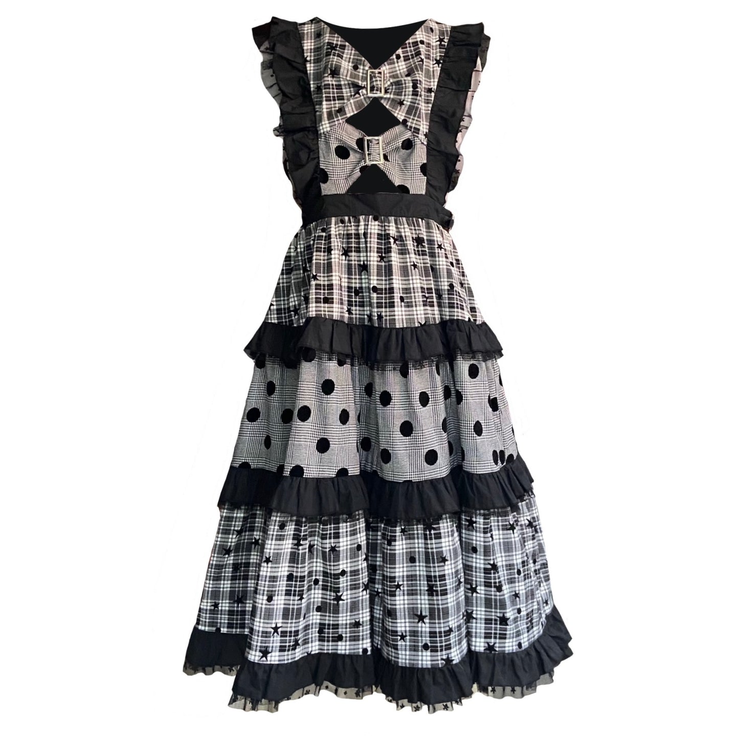 ShiChang Retro Showa Dress | Plaid Tiered Dress | Red Black High Waist Spring Dress dress ShiChang Black S