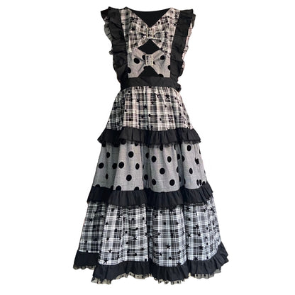 ShiChang Retro Showa Dress | Plaid Tiered Dress | Red Black High Waist Spring Dress dress ShiChang Black S