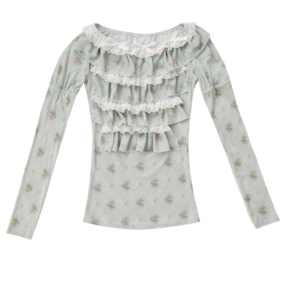 daytoday Everyday Institute - Kawaii Lace Long Sleeve Top Stretch blouse daytoday everyday institute Green S