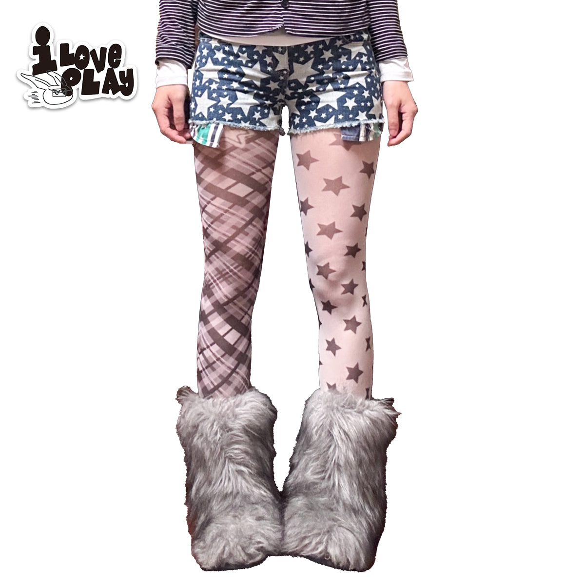 Loveplay - Y2K Star Print Irregular Plaid Stockings tights loveplay Black