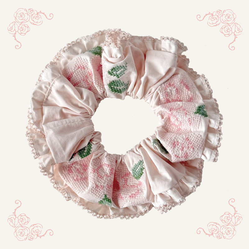 Ate a Dream - Embroidered Cotton-Linen Hair Scrunchie scrunchies Ate a Dream Pink