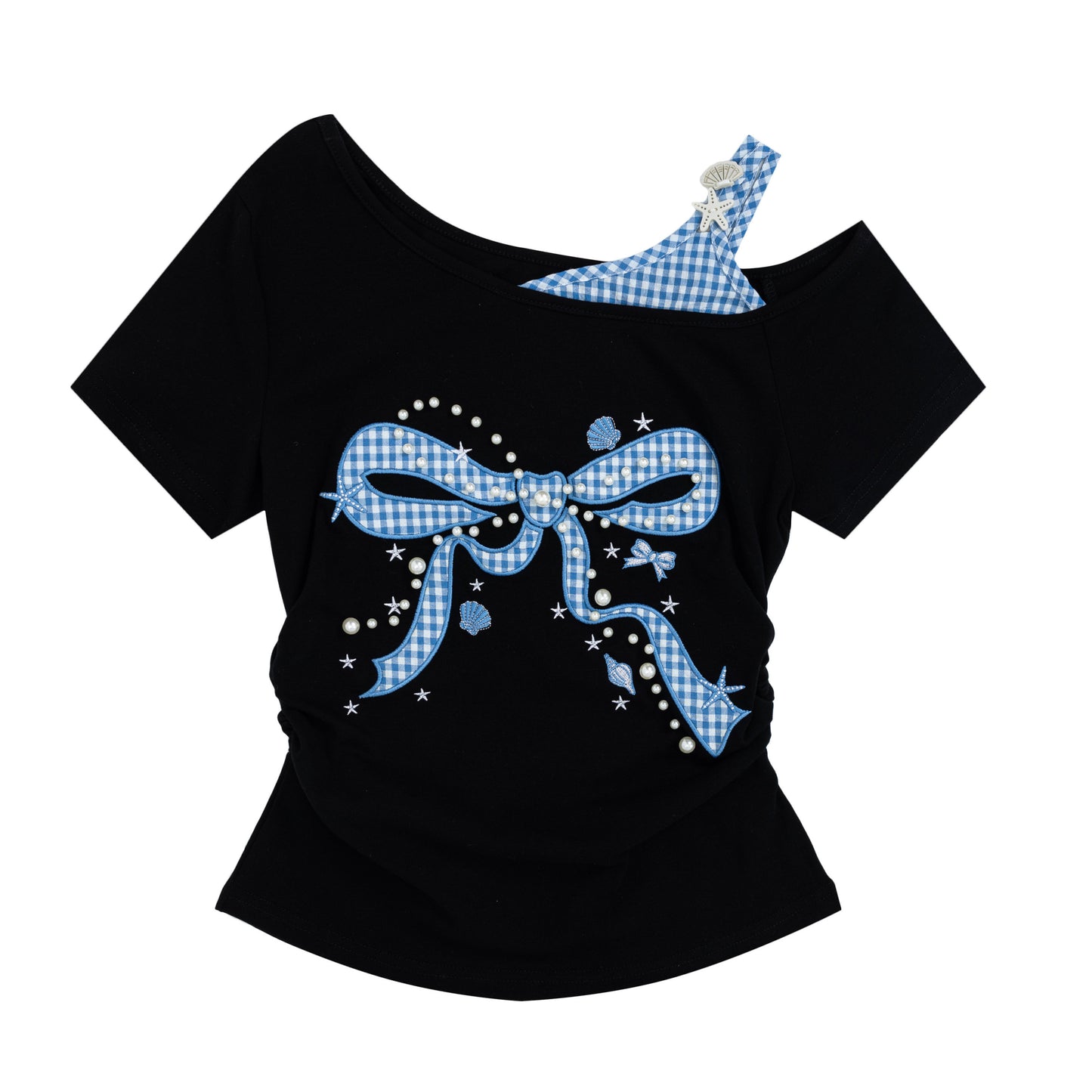Languid Park - Plaid Rhinestone Off Shoulder Tee shirt Languid Park Black S