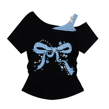 Languid Park - Plaid Rhinestone Off Shoulder Tee shirt Languid Park Black S