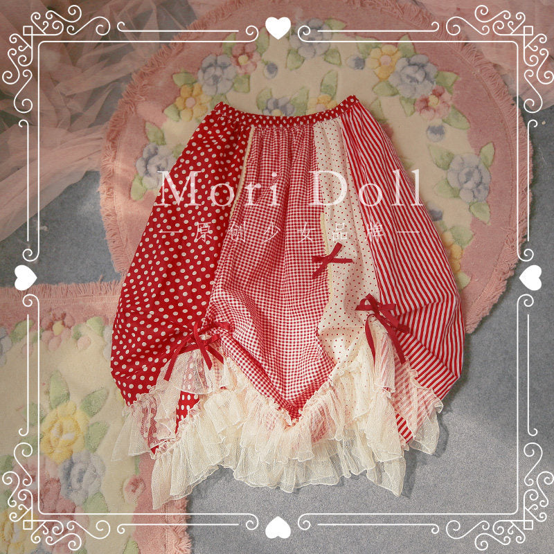 Mori Doll – Bow Patchwork Midi Skirt skirt Mori Doll Red S