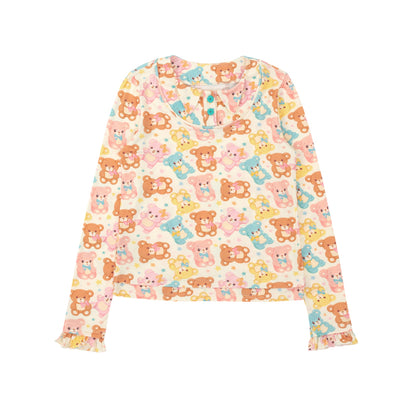 Lutra Jump - Decora Kei Bear Print Layered Long Sleeve Top shirt Lutra Jump Beige S