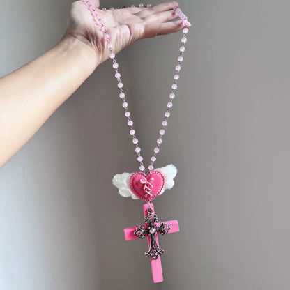 Kiwi Store - Y2K Large Angel Cross Necklace necklace kiwi store Pink