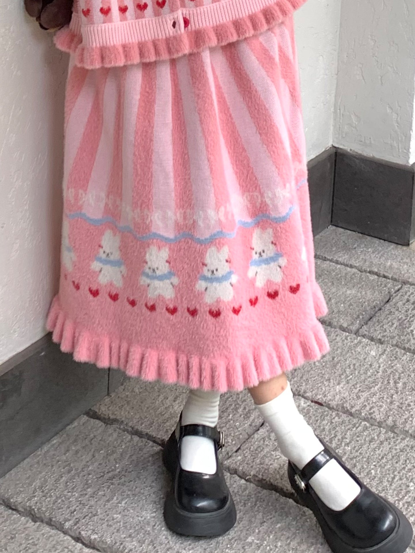 Mameya - Kawaii Pink Bunny Knit Cardigan Skirt Set set Mameya Skirt
