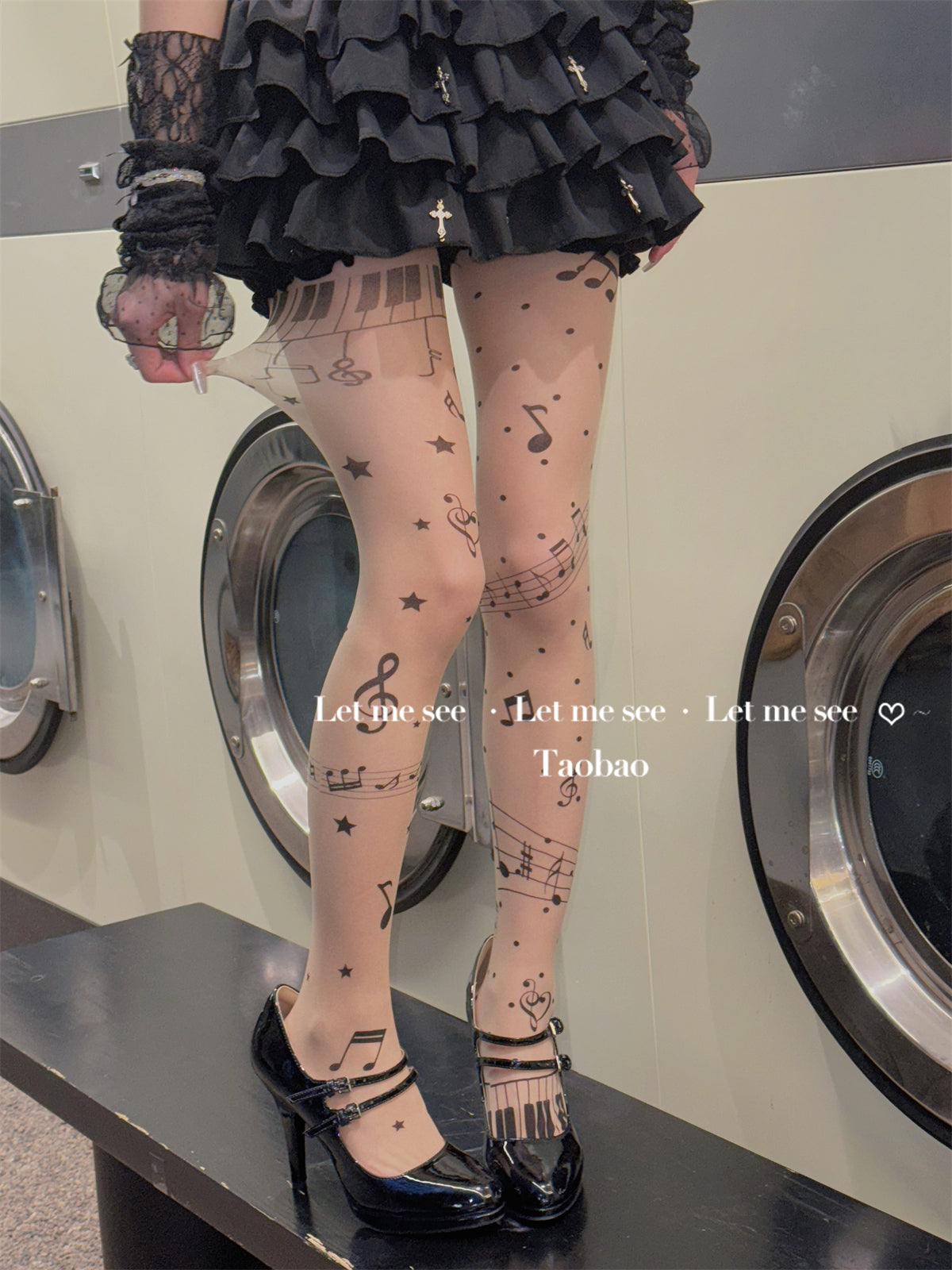 LET ME SEE Original Music Note Print Tights | Subculture Y2K Black Sheer Pantyhose tights let me see Skin Color