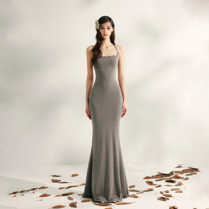 YZZI HE - “Evening Blossom” Halter Mermaid Knit Dress dress YZZI HE Grey S