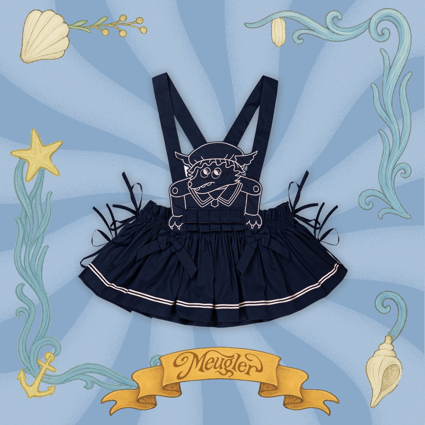 Meugler - Kawaii Apron Dress Navy Sailor Wolf Embroidery Ribbon Dress dress Meugler