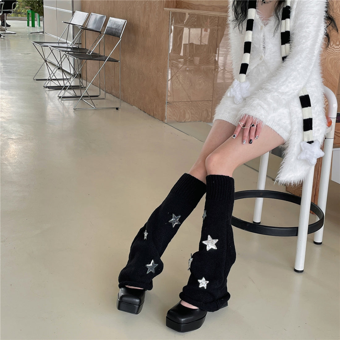 LET ME SEE - Y2K Star Stripe Leg Warmers Stacked Socks leg warmmers let me see Black