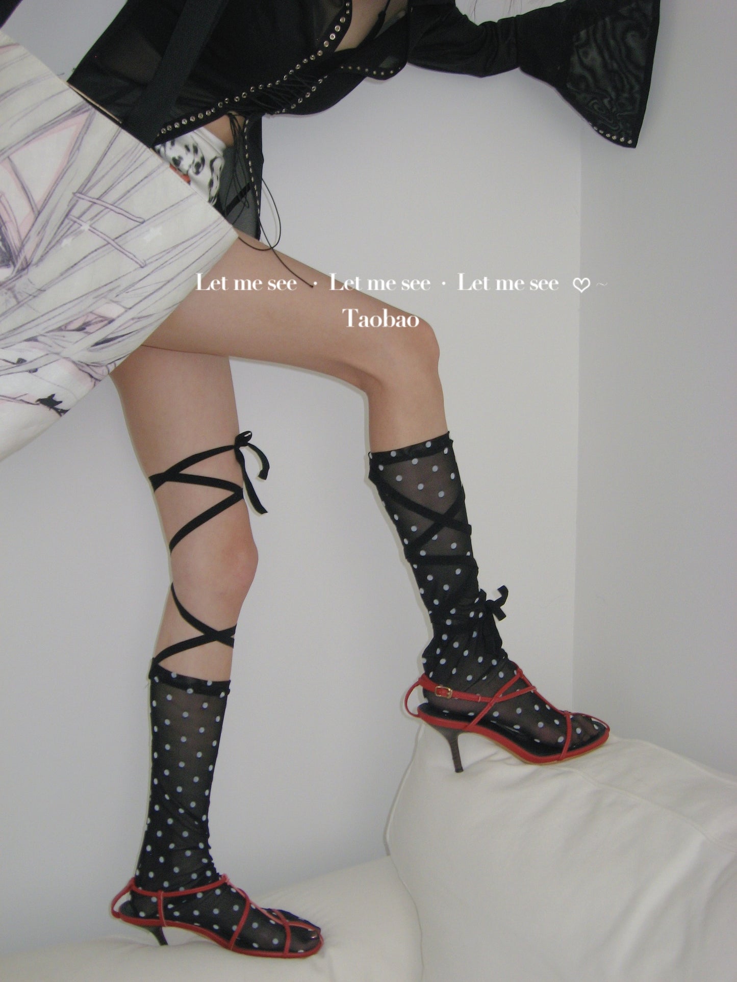 LET ME SEE - Y2K Polka Dot Tie-Up Mesh Calf Socks socks let me see Black Socks with Dots - 1 Pair