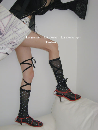 LET ME SEE - Y2K Polka Dot Tie-Up Mesh Calf Socks socks let me see Black Socks with Dots - 1 Pair