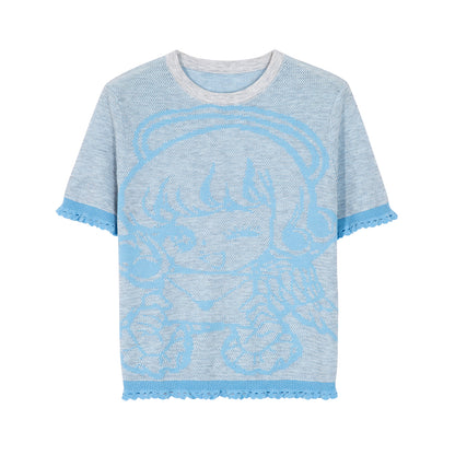 tntntutu Two-Tone T-shirt | Envelope Angel Tee | Knitted Short Sleeve Top tshirt tntntutu Blue S