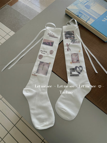LET ME SEE Kawaii Bow Socks | Harajuku Cotton Printed Calf Socks socks let me see Coffee Color Pattern Socks