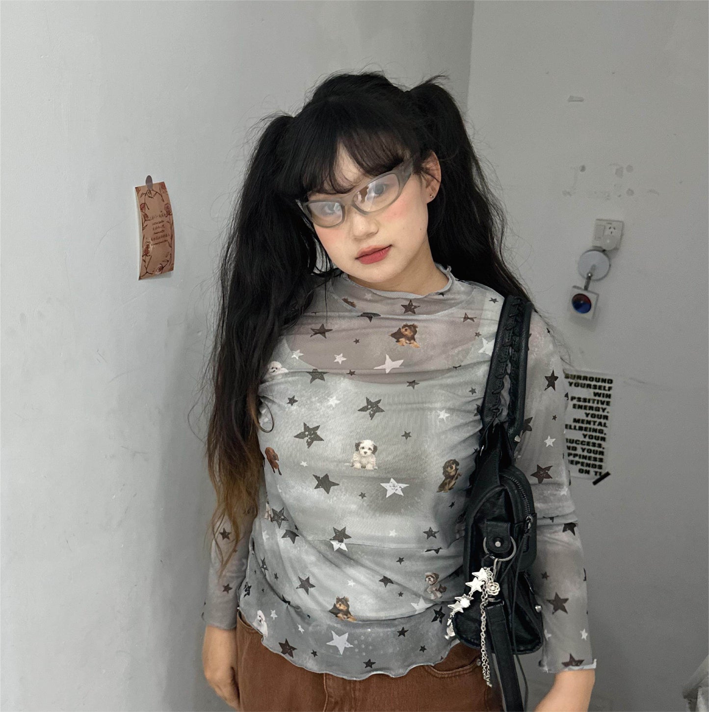 Autumn Oxygen - All-Over Puppy Print Mesh Long Sleeve Top shirt Autumn Oxygen Grey XS