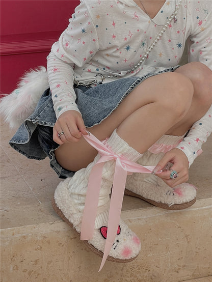 LET ME SEE - Kawaii Satin Ribbon Bow Leg Warmers leg warmmers let me see White Leg Warmers with Pink Ribbon