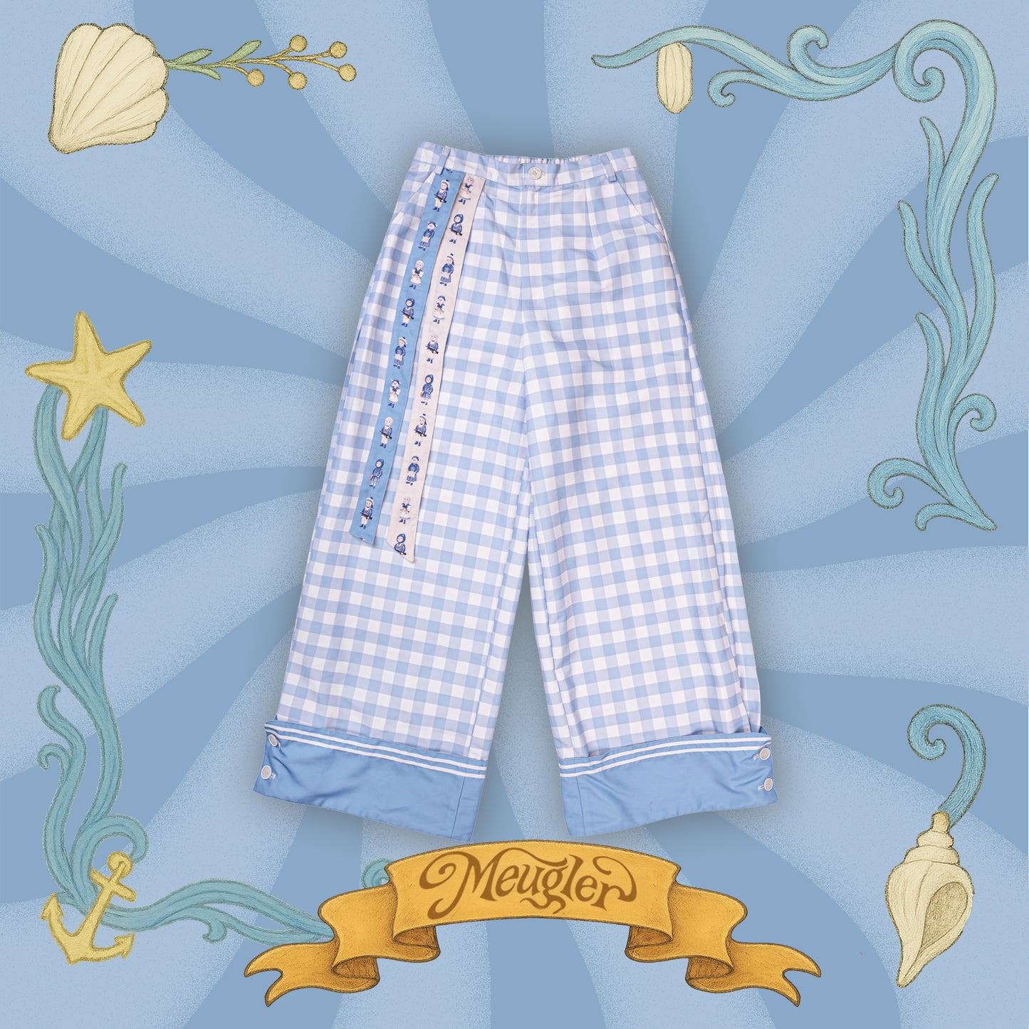 Meugler - Kawaii Wide Leg Pants Blue White Plaid Pants pants Meugler