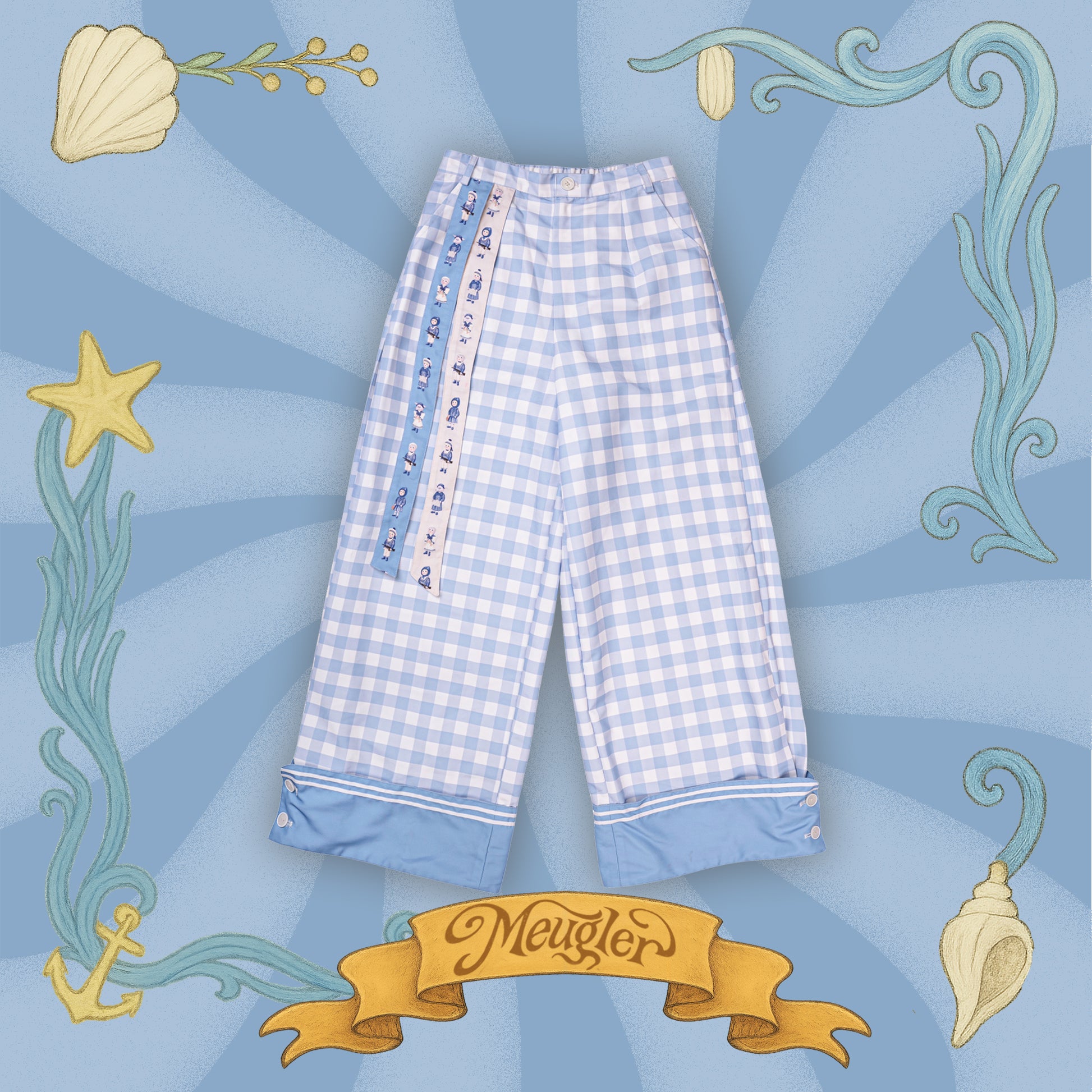 Meugler - Kawaii Wide Leg Pants Blue White Plaid Pants pants Meugler