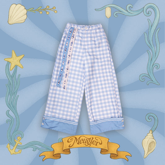 Meugler - Kawaii Wide Leg Pants Blue White Plaid Pants pants Meugler
