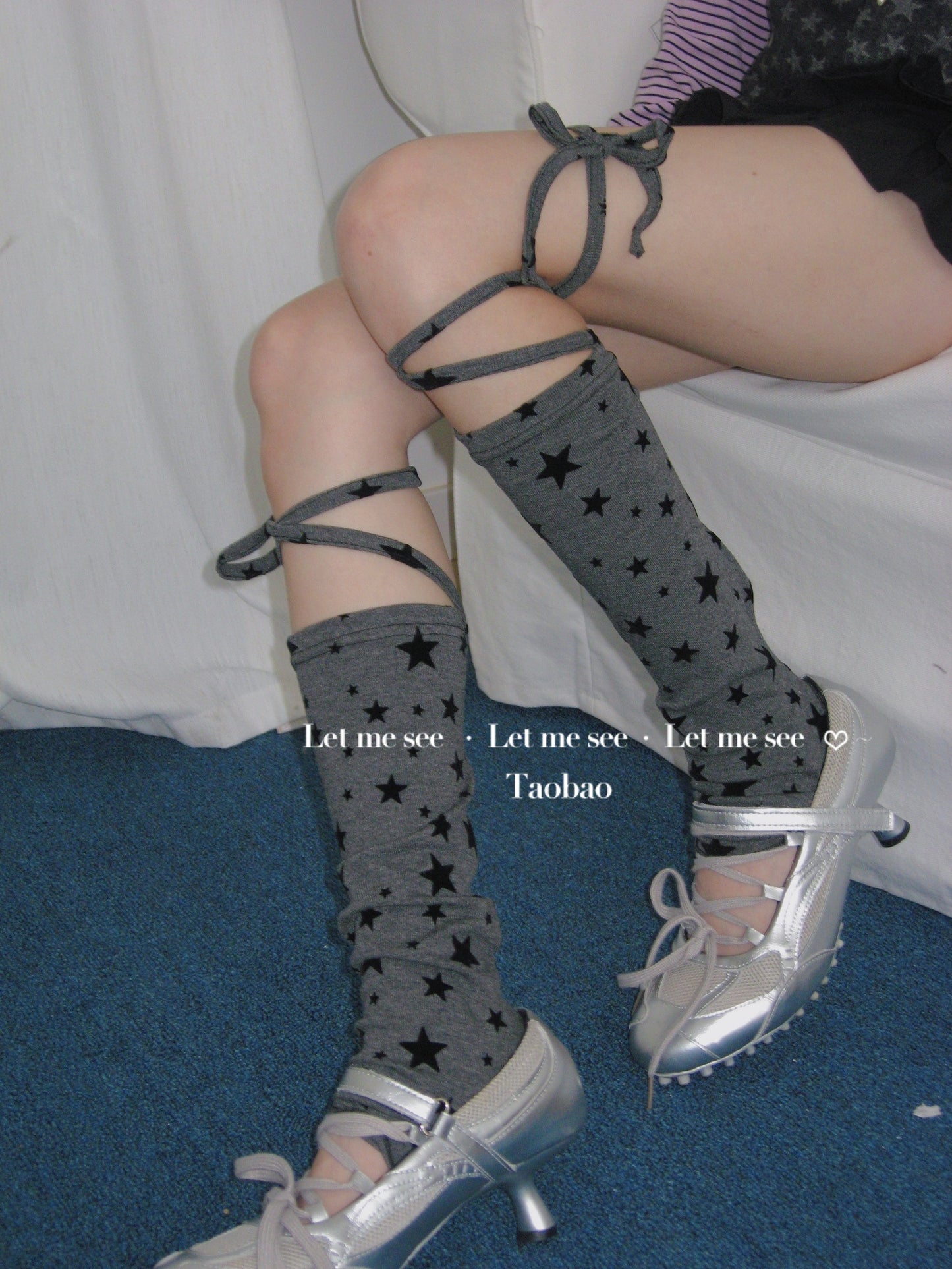 LET ME SEE - Spicy Star Lace-Up Calf Socks leg warmmers let me see Grey Star - 1 Pair