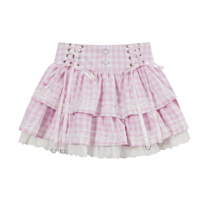 Languid Park - Plaid Lace Up Puff Skirt Land Decora Pink S
