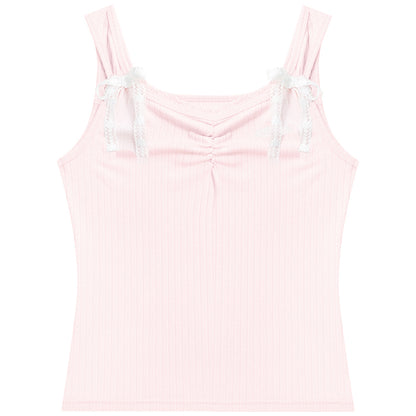 ziziFei - Girly Bow Lace Strappy Tank Top tank top ziziFei Pink S