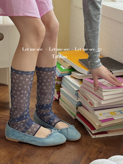 LET ME SEE - Kawaii Sheer Floral Footless Mid Socks sock let me see Blue