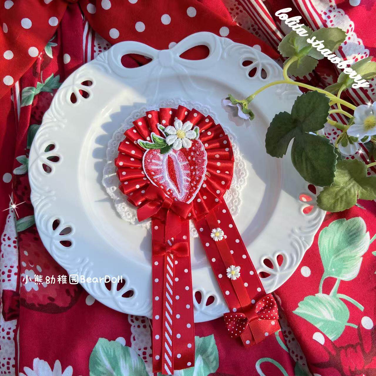 Bear Doll - Kawaii Strawberry Cherry Pin hair clip Bear Doll Red polka dot strawberries