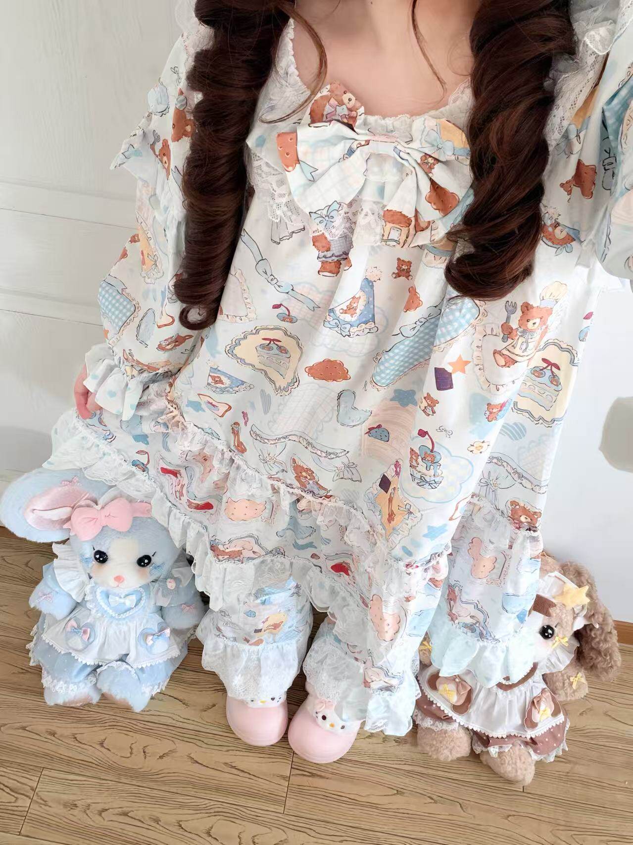 Sweet Dream Bear - Pink Cotton Sleep Dress Set pajama A Cat Blue S